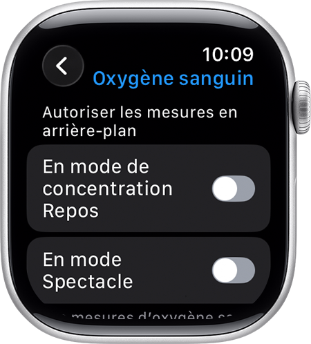 Écran d’Apple Watch affichant les options Autoriser les enregistrements en arrière-plan pour le mode de concentration Repos et le mode Spectacle.