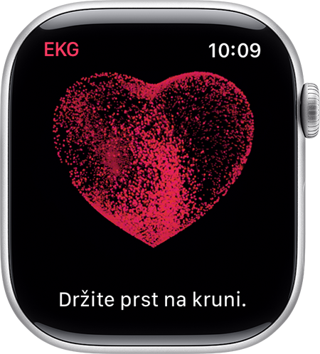 Apple Watch s prikazom poruke da držite prst na kruni kako bi se očitala vrijednost EKG-a.