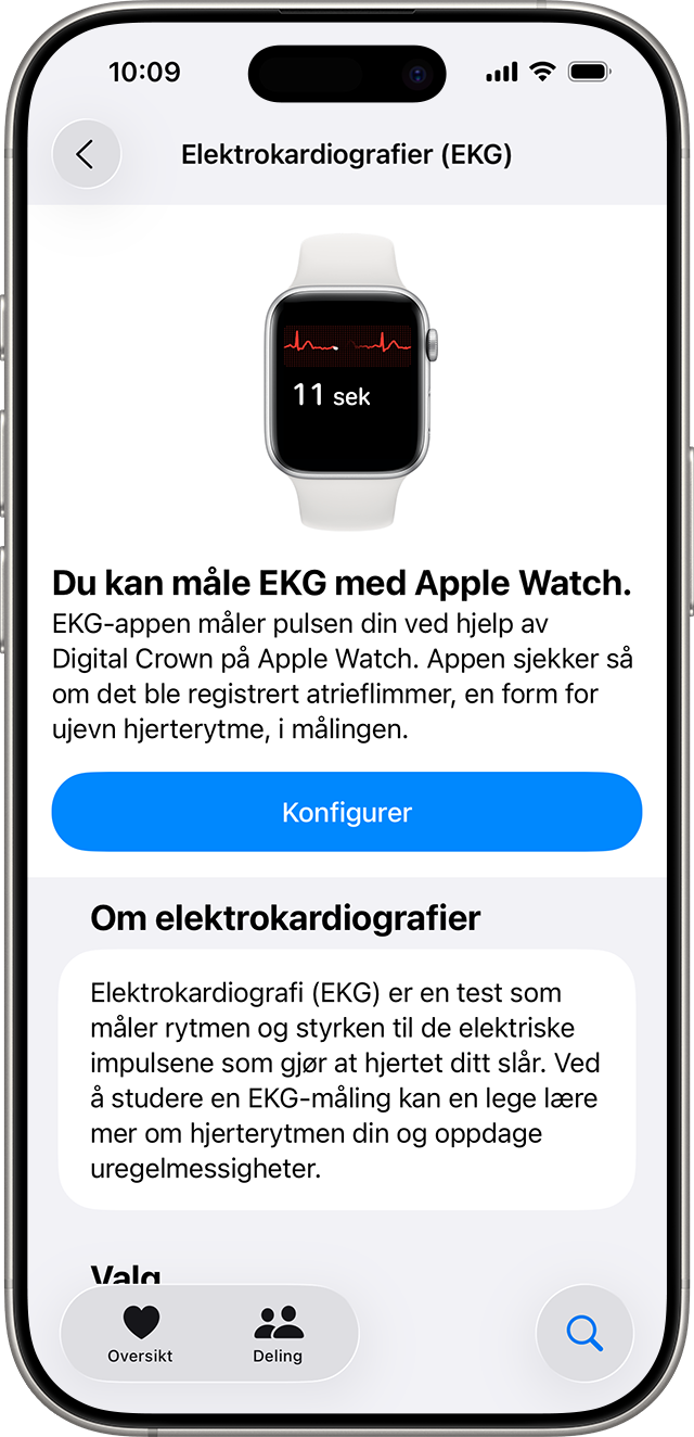 Skjermen for konfigurasjon av EKG i Helse-appen på iPhone