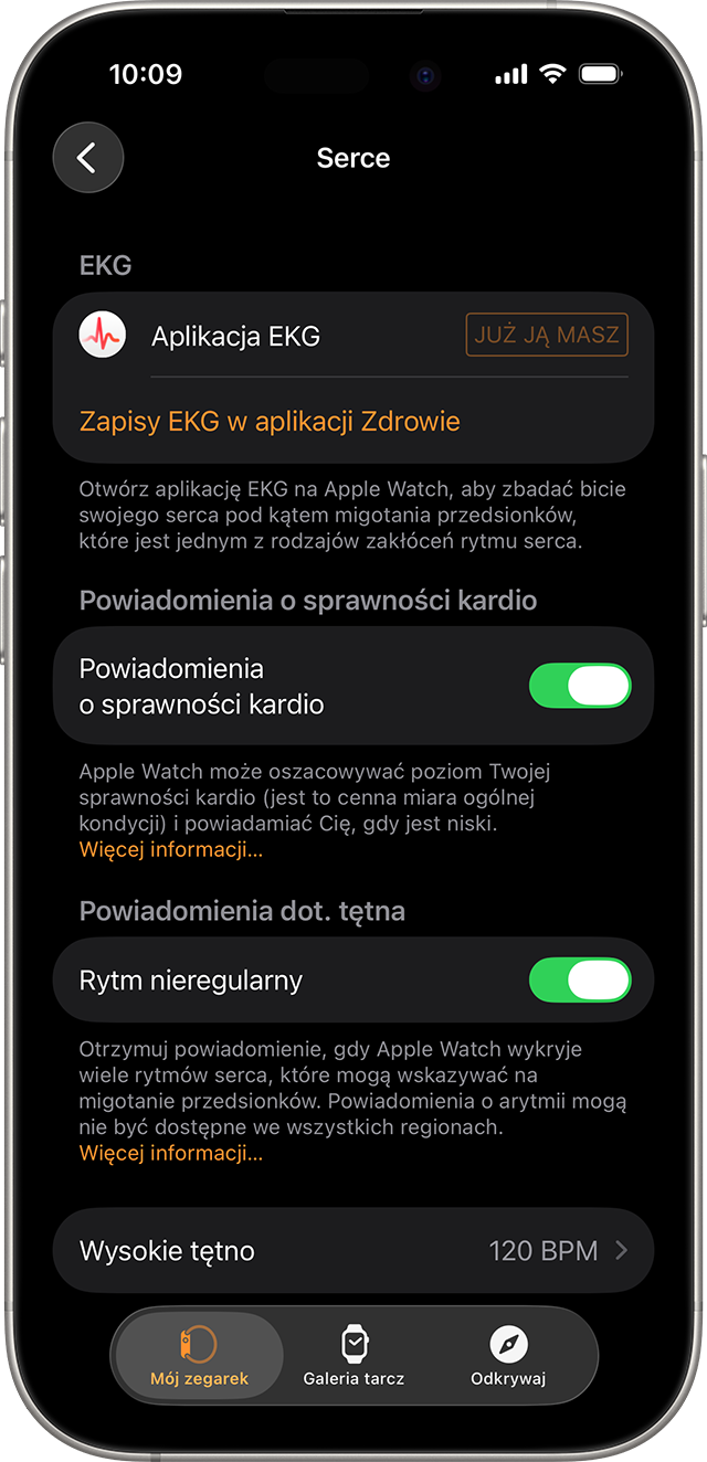 iPhone wyświetlający ustawienia opcji Zdrowe serce w aplikacji Apple Watch.