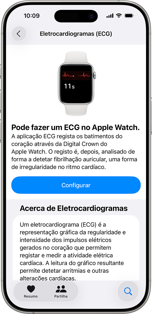 Ecrã de configuração do ECG na app Saúde no iPhone