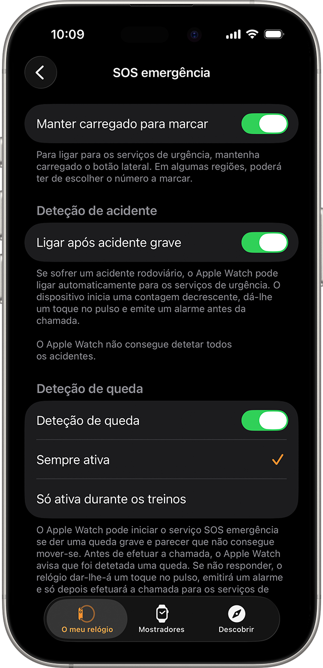 Um iPhone que mostra as definições disponíveis para a funcionalidade SOS emergência.