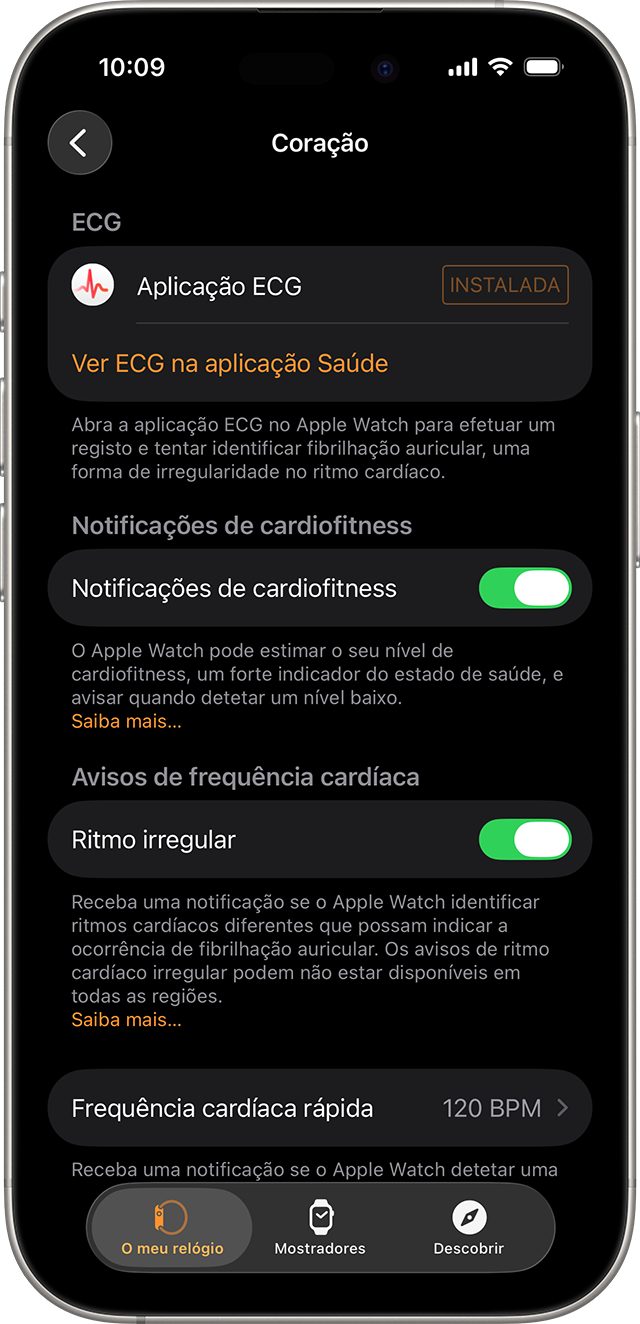 Um iPhone a mostrar as definições de Saúde do coração na app Apple Watch.