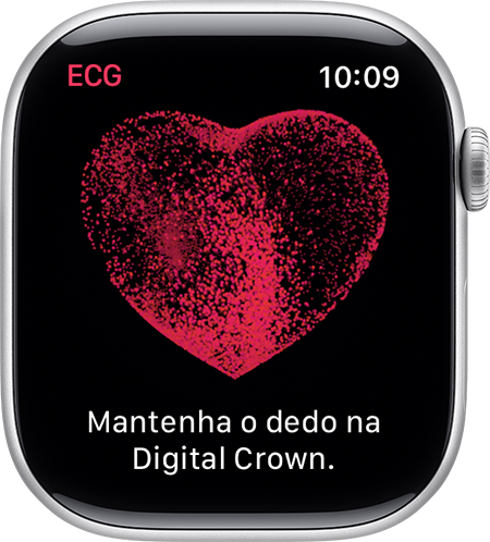Um Apple Watch a pedir que mantenha o dedo na coroa para efetuar uma leitura de ECG.