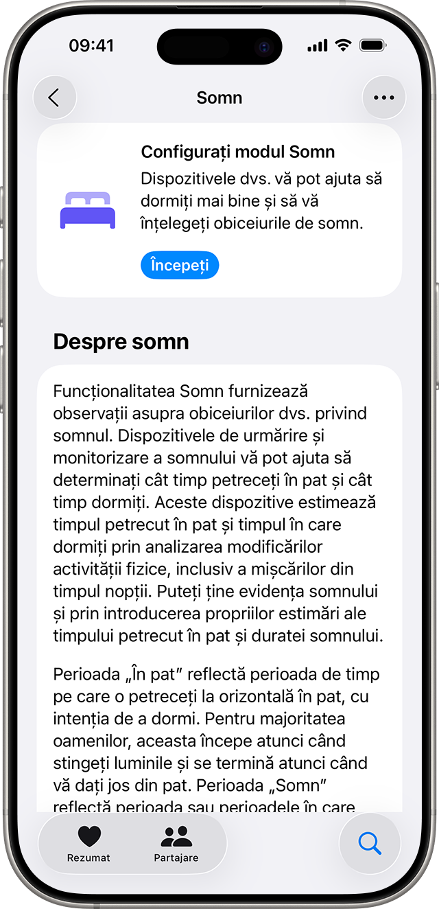Un iPhone care afișează ecranul Somn în aplicația Sănătate cu un buton Începeți albastru pentru a configura funcția Somn.