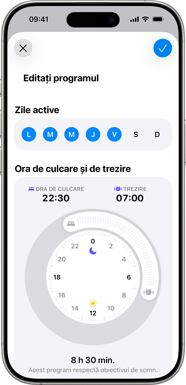 Un iPhone care afișează ecranul Adăugați un program cu un program de somn configurat de la ora 22:30 până la ora 07:00, de luni până vineri.