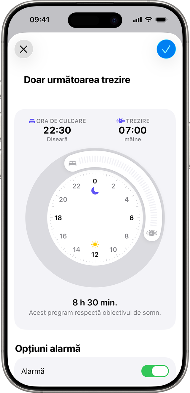 Un iPhone care afișează ecranul Doar următoarea trezire, cu un program de somn configurat de la ora 22:30 până la ora 07:00, de luni până vineri.