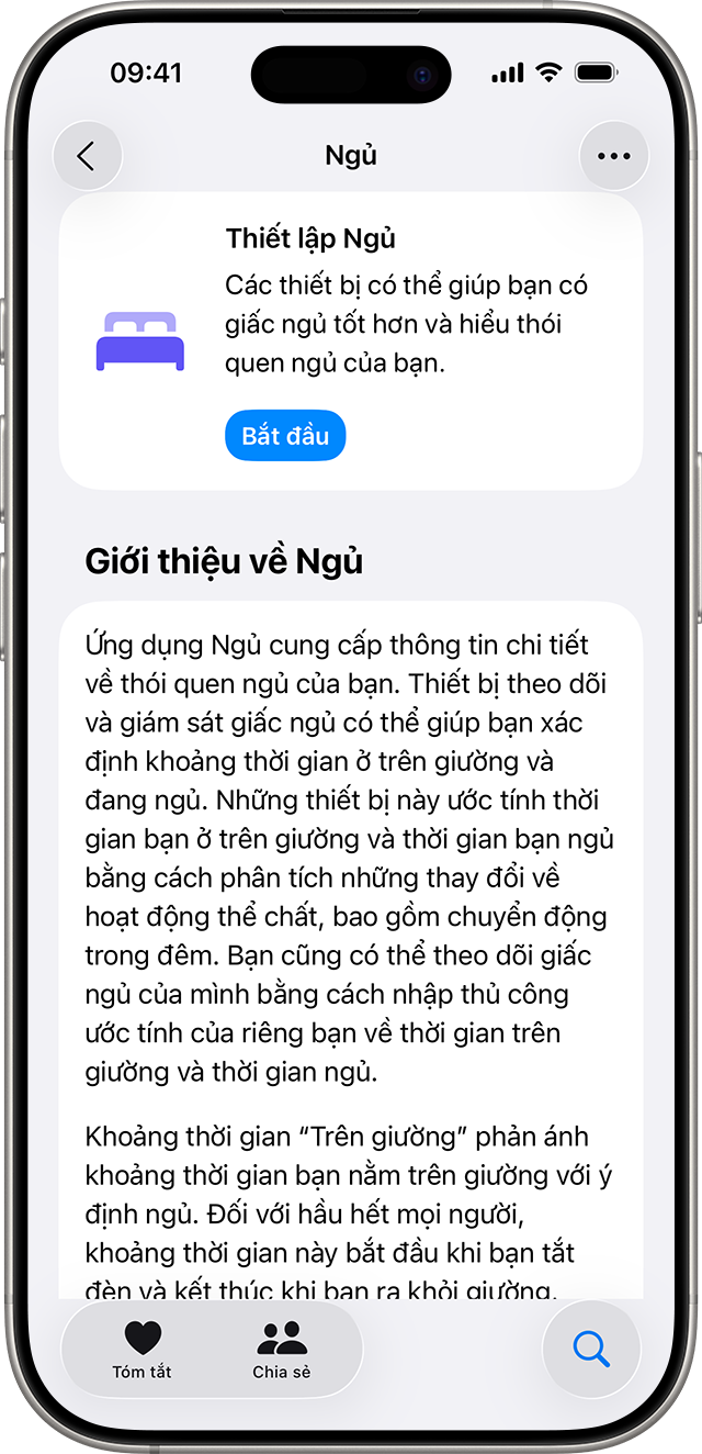 iPhone hiển thị màn hình Ngủ trong ứng dụng Sức khỏe cùng nút Bắt đầu màu lam để thiết lập chế độ Ngủ.
