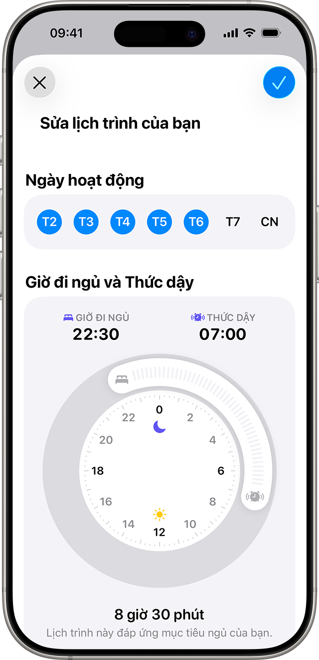 iPhone hiển thị màn hình Thêm lịch trình cùng lịch trình ngủ được đặt từ 22:30 đến 7:00, từ Thứ Hai đến Thứ Sáu.