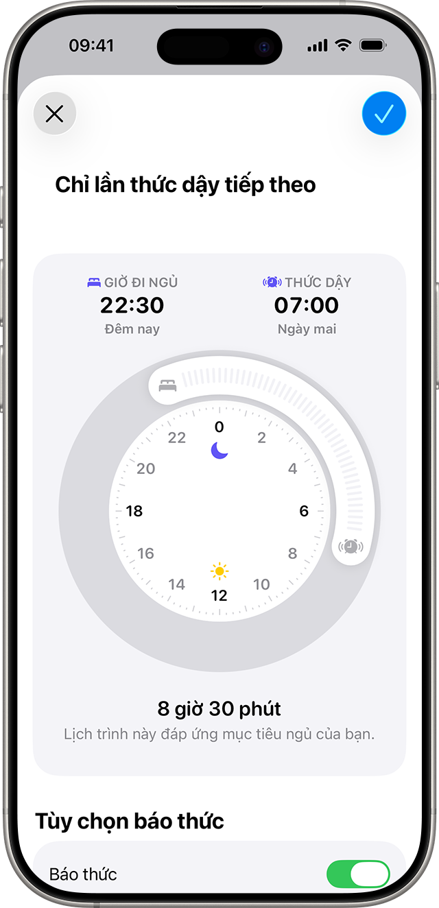 iPhone hiển thị màn hình Chỉ lần thức dậy tiếp theo cùng lịch trình ngủ được đặt từ 22:30 đến 7:00, từ Thứ Hai đến Thứ Sáu.