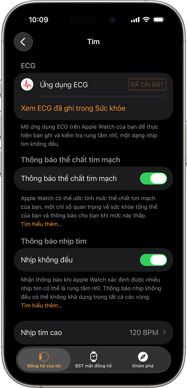 Một chiếc iPhone hiển thị cài đặt Sức khỏe tim mạch trong ứng dụng Apple Watch.