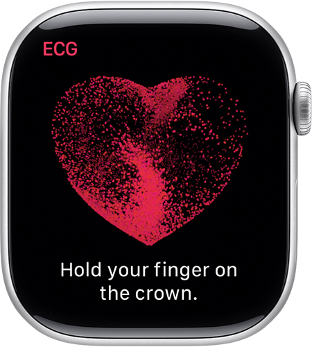Apple Watch ierīce ar aicinājumu turēt pirkstu uz Crown, lai veiktu EKG lasījumu.