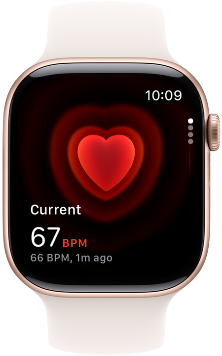 An Apple Watch that shows a heart rate of 67 beats per minute.