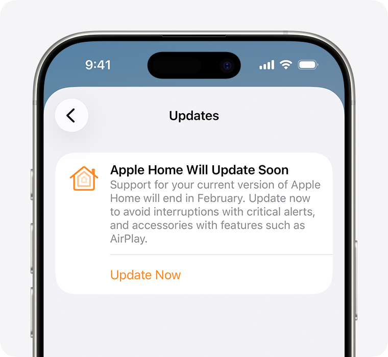 The “Apple Home Will Update Soon” notification appears on the Updates screen in the Home app.
