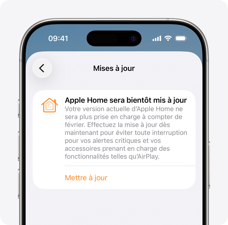 La notification « Apple Home sera bientôt mis à jour » apparaît sur l’écran Mises à jour dans l’app Maison.