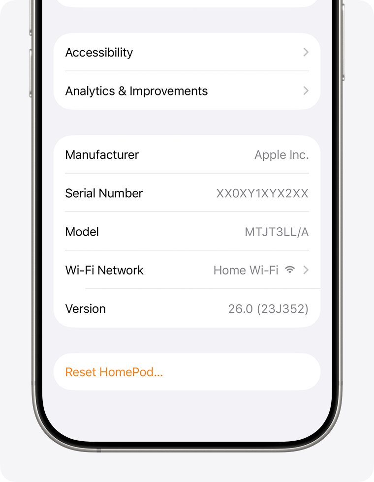 The Wi-Fi signal strength indicator appears next to your Wi-Fi Network on the HomePod settings screen.
