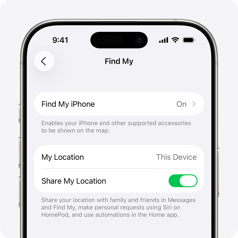 iPhone screen showing Find My settings.