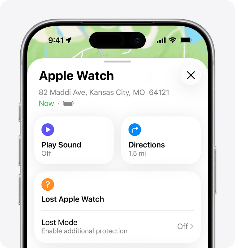 iPhone screen showing options for an Apple Watch in the Find My app.