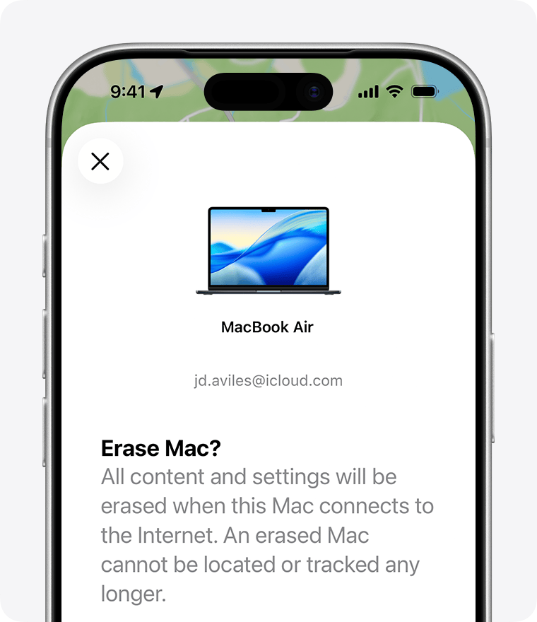 An iPhone showing the Erase Mac screen for a MacBook Air. It shows an image of that Mac model, the name of the Mac, and the Apple ID associated with it.