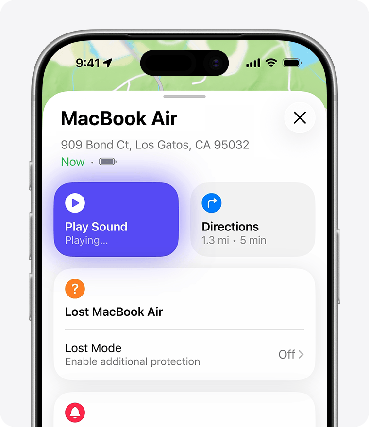 An iPhone with Find My open to the location of a MacBook Air. Play Sound is selected. The button is purple and says “Playing…”.