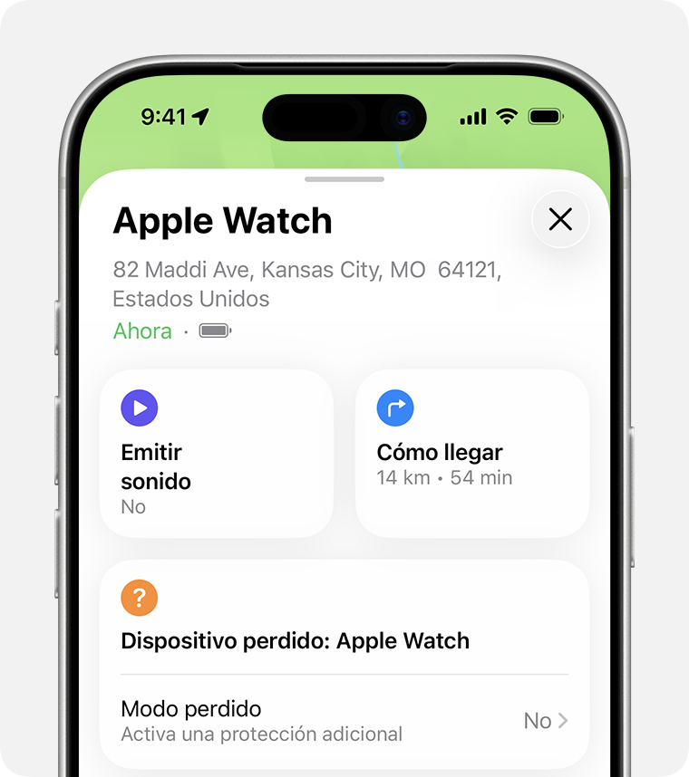 Pantalla de iPhone que muestra opciones para un Apple Watch en la app Encontrar.