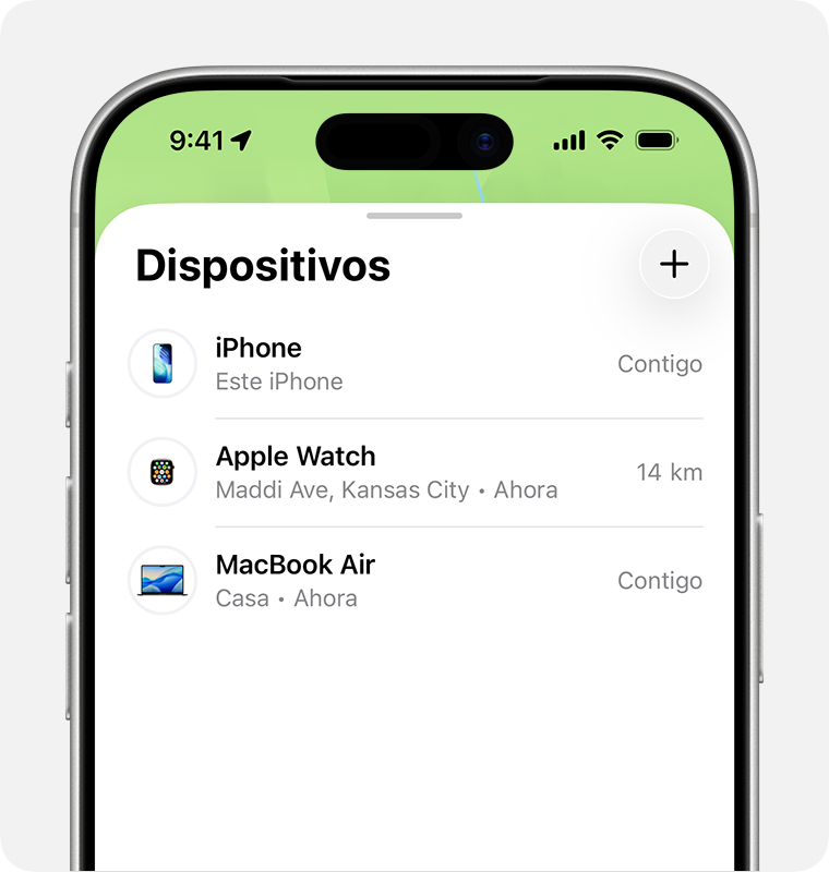 Pantalla de iPhone que muestra una lista de dispositivos en la app Encontrar.