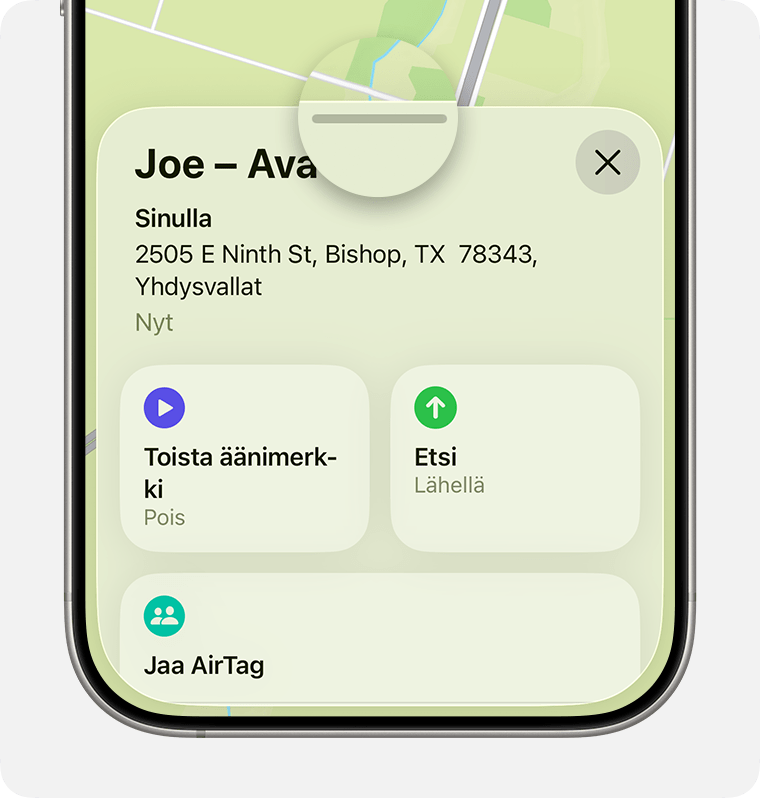 Napauta esinettä tai laitetta Etsi-apissa ja avaa lisävaihtoehdot pyyhkäisemällä ylöspäin.