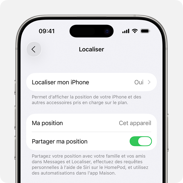 Écran d’iPhone affichant les réglages Localiser.