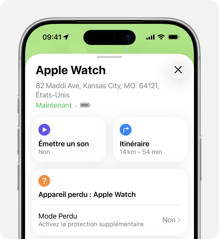 Écran de l’iPhone affichant des options pour une Apple Watch dans l’app Localiser.