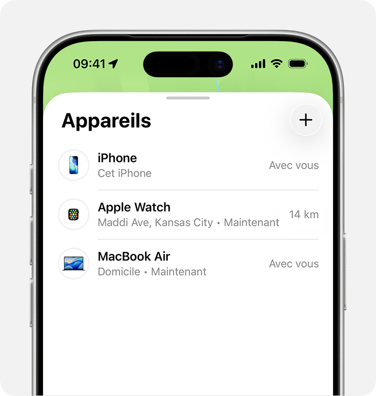 Écran de l’iPhone montrant une liste d’appareils dans l’app Localiser.