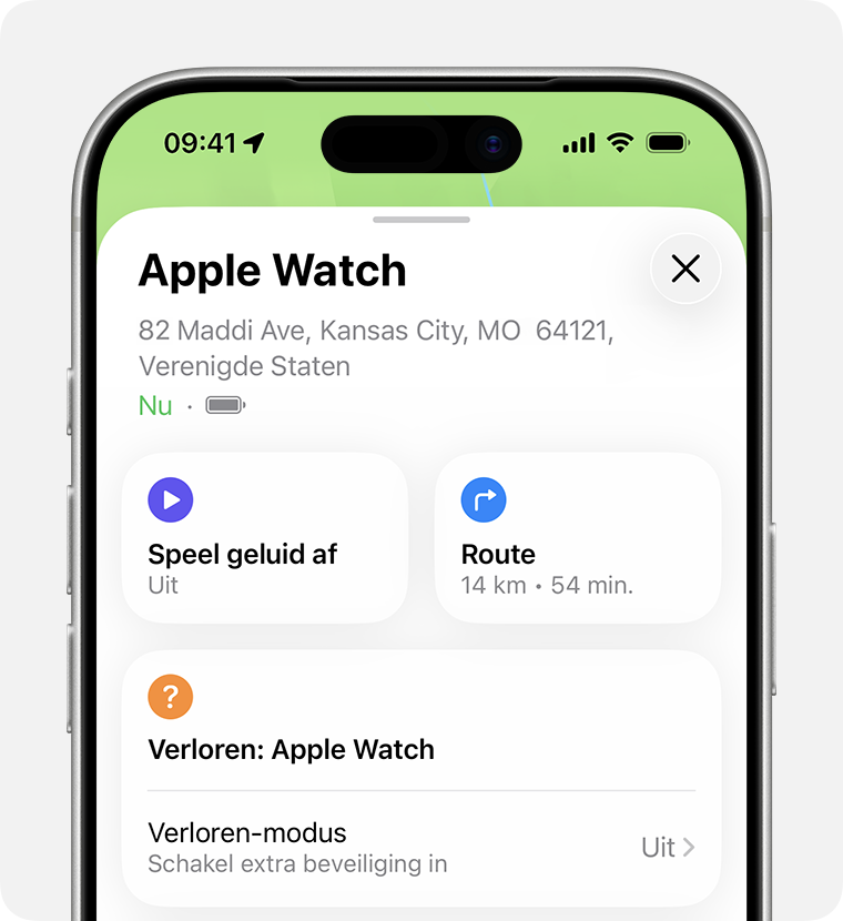 iPhone-scherm met opties voor een Apple Watch in de Zoek mijn-app.