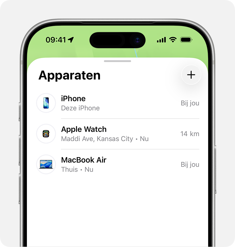 iPhone-scherm met een lijst met apparaten in de Zoek mijn-app.