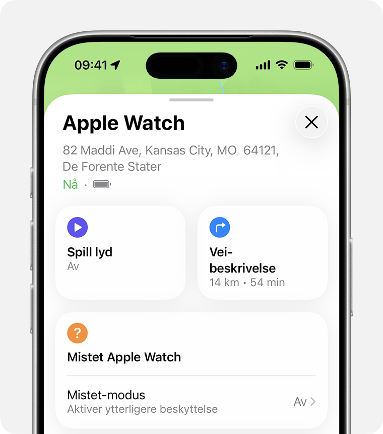 iPhone-skjerm som viser alternativer for en Apple Watch i Hvor er?-appen.