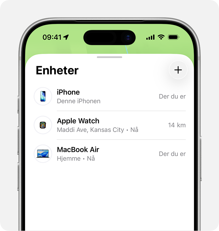 iPhone-skjerm som viser en liste over enheter i Hvor er?-appen.