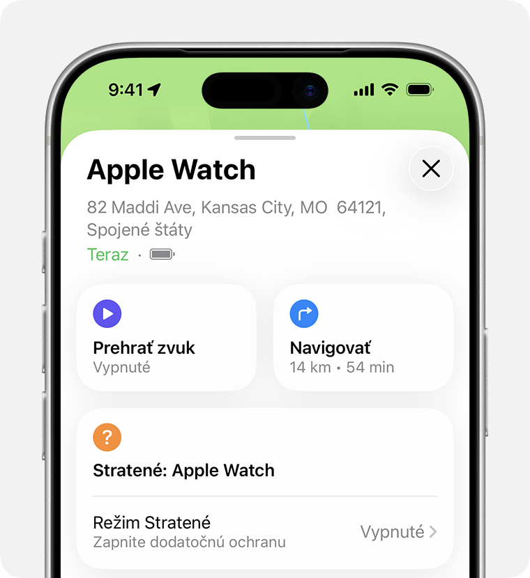 Obrazovka iPhonu s možnosťami pre hodinky Apple Watch v apke Nájsť.
