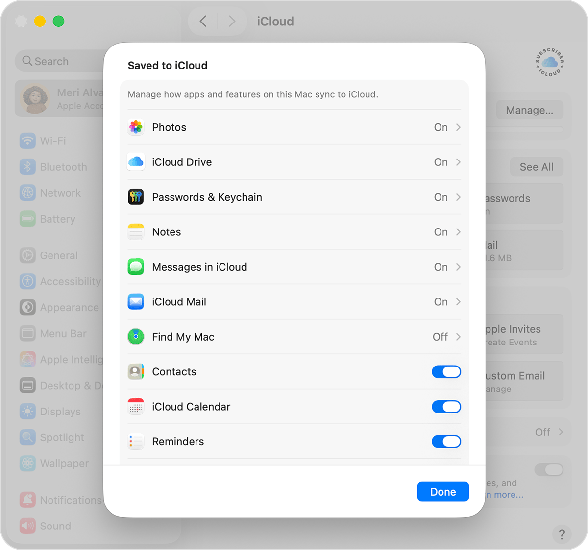 macOS screen showing Find My toggle within list of apps.