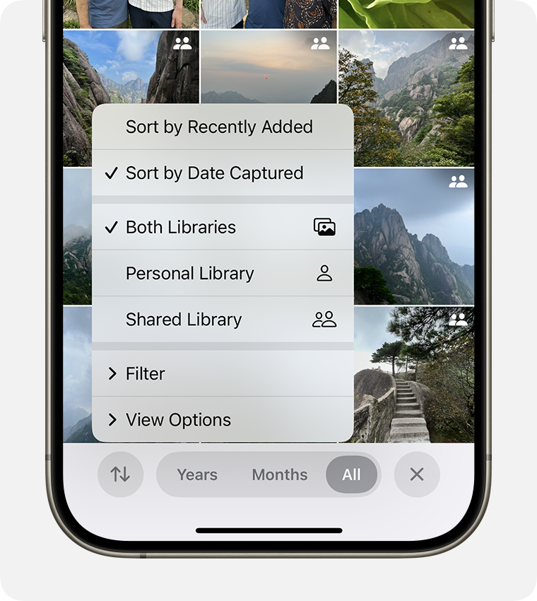 Das Symbol oben rechts ändert sich, je nachdem, ob du beide Mediatheken, deine persönliche Mediathek oder deine geteilte Mediathek anzeigst.