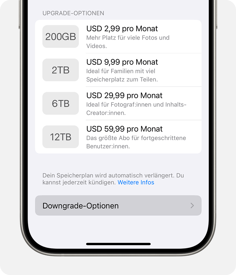 iPhone-Bildschirm mit dem Umschalter für Downgrade-Optionen
