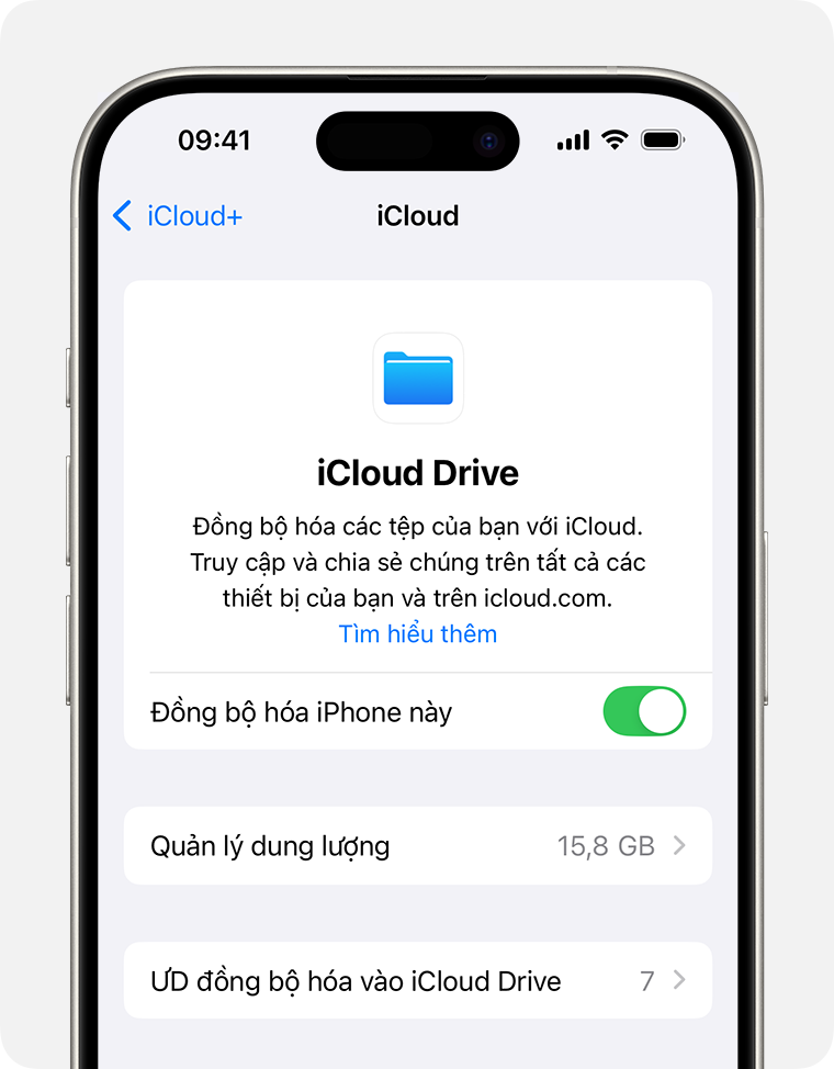 Màn hình iPhone hiển thị nút bật/tắt để bật iCloud Drive.