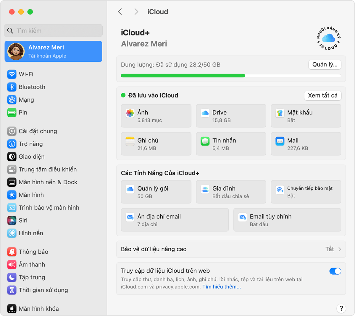 Màn hình máy Mac hiển thị trang chủ iCloud+ cho Tài khoản Apple