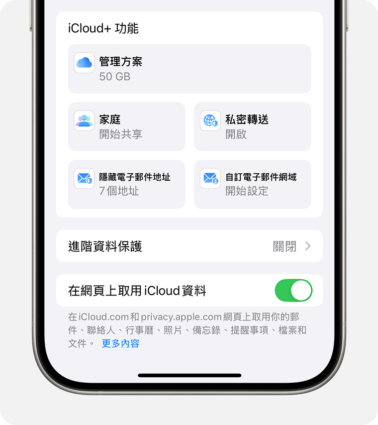 iPhone 螢幕顯示如何管理 iCloud+ 方案