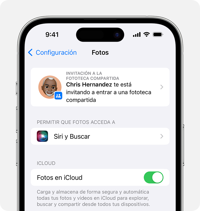 Si tienes una invitación de la Fototeca compartida, puedes encontrarla en la sección Fotos de la configuración de tu dispositivo. 