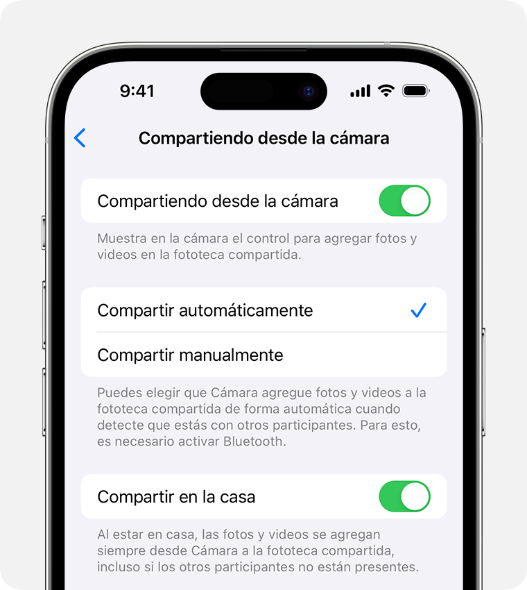 Para agregar un botón en la app Cámara a fin de compartir fotos y videos en tu Fototeca compartida, activa Compartiendo desde la cámara.