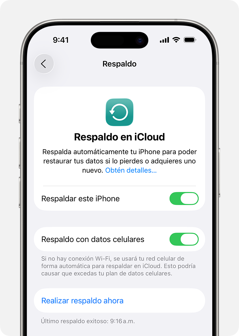 La pantalla de un iPhone en la que se muestra la opción “Realizar respaldo ahora”.