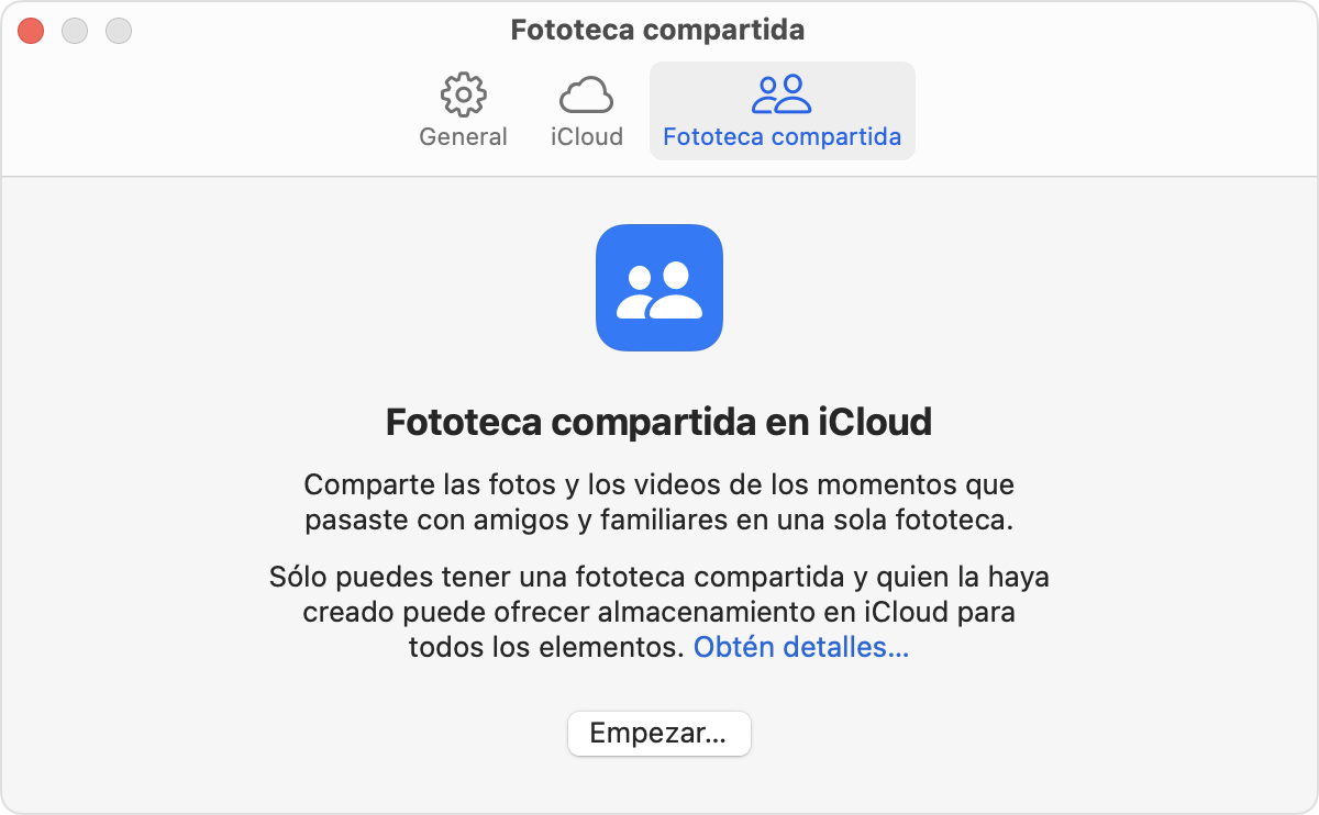 La pestaña Fototeca compartida está junto a la pestaña iCloud.