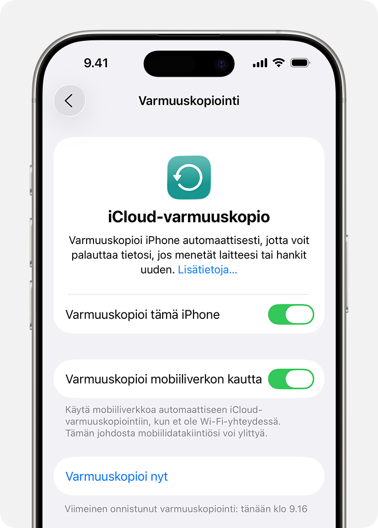 iPhonen näyttö, jossa näkyy Varmuuskopioi nyt -vaihtoehto.