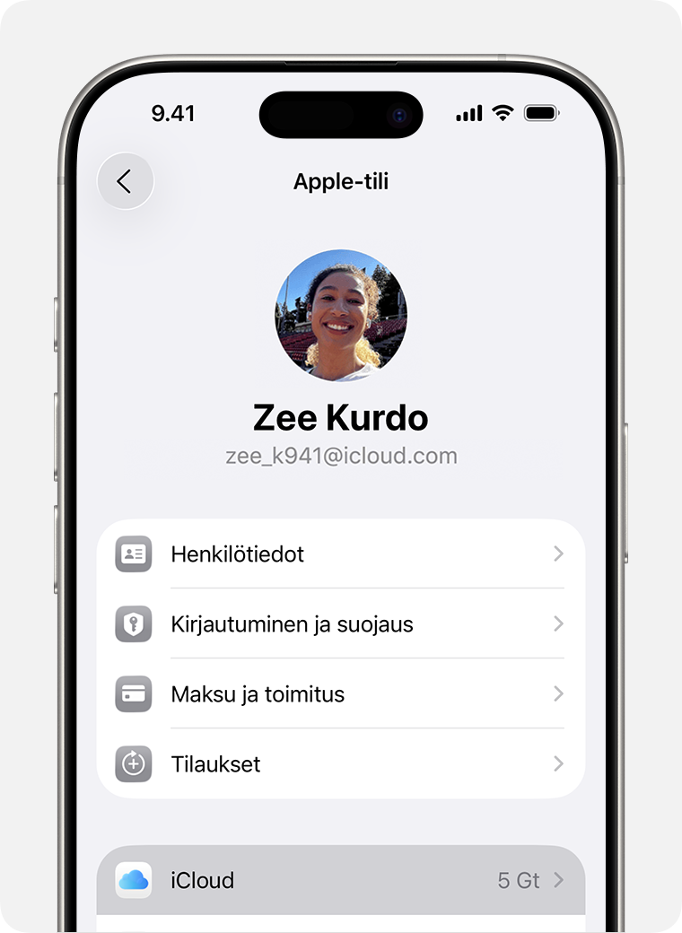 iPhonen näyttö, jossa näkyy iCloud valittuna vaihtoehtona Asetuksissa.