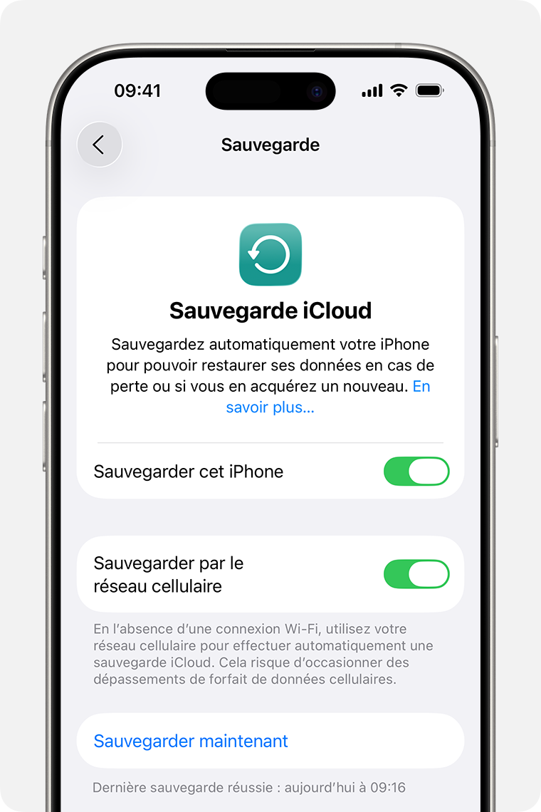 Un écran d’iPhone affichant l’option Sauvegarder maintenant.