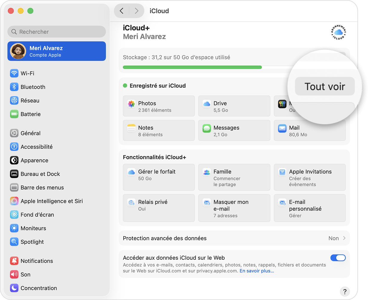 Écran macOS affichant l’écran principal des réglages iCloud+.