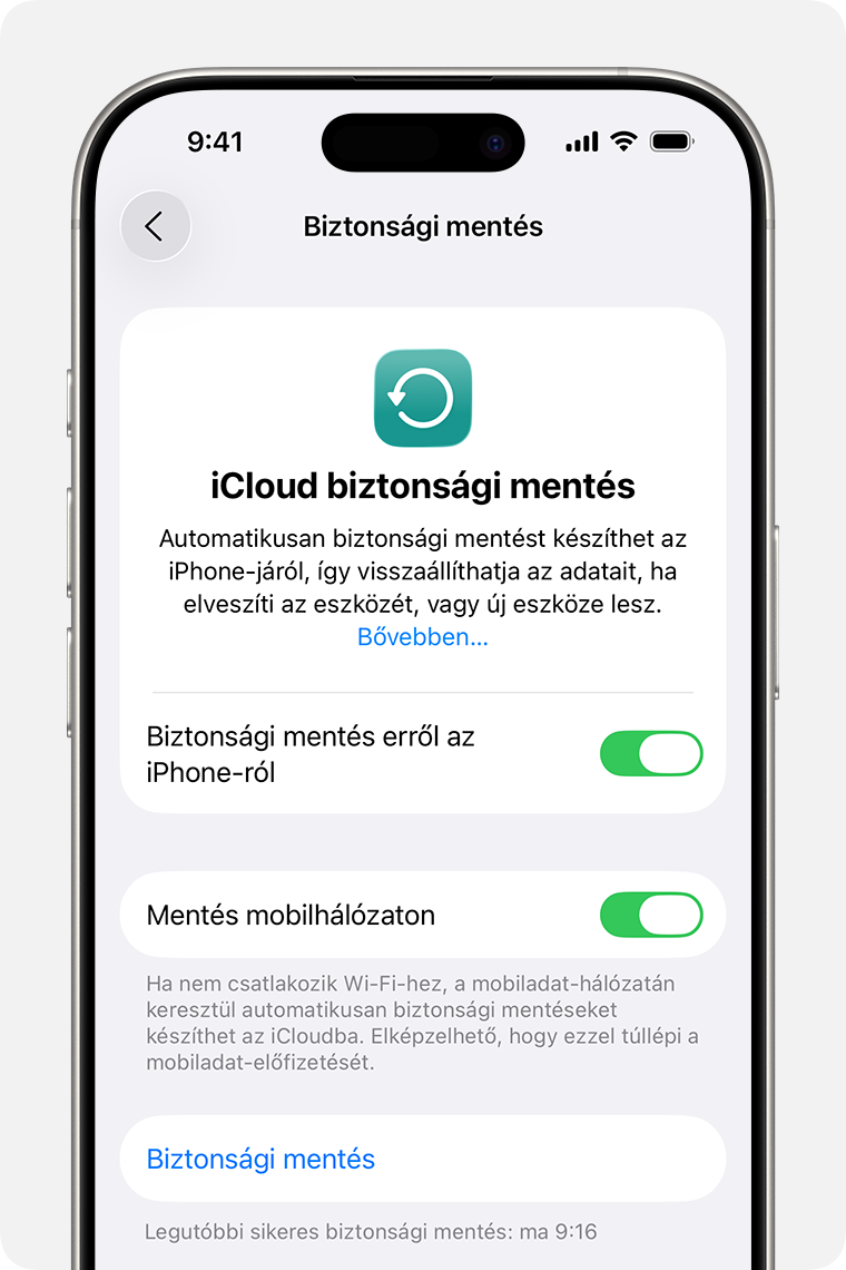 Egy iPhone képernyője, amelyen a „Biztonsági mentés most” opció látható.
